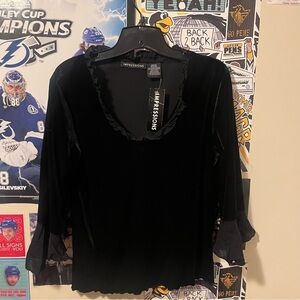 Vintage 90’s Goth  Black Velvet Blouse with Ruffle Trim